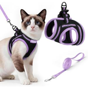 Rabbitgoo Cat Harness and Leash Set for Walking Escape Proof, Adjustable Soft Kittens Vest with Reflective Strip for Cats, Comfortable Outdoor Vest, Black & Light Purple, L