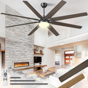 72 Inch Large Ceiling Fans with Lights and Remote, Black Ceiling Fan with Quiet DC Motor, 3CCT Dimmable, 3 Downrods, 8 Dual Finish Blades Industrial Ceiling Fan for Kitchen Living Room Patio