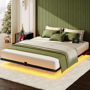 Floating Bed Frame Queen Size, Smart LED Lights & Charging Station, 9.45" High Clearance, Mattress Slide Stopper, Noise-Free, No Box Spring Needed, Easy Assembly