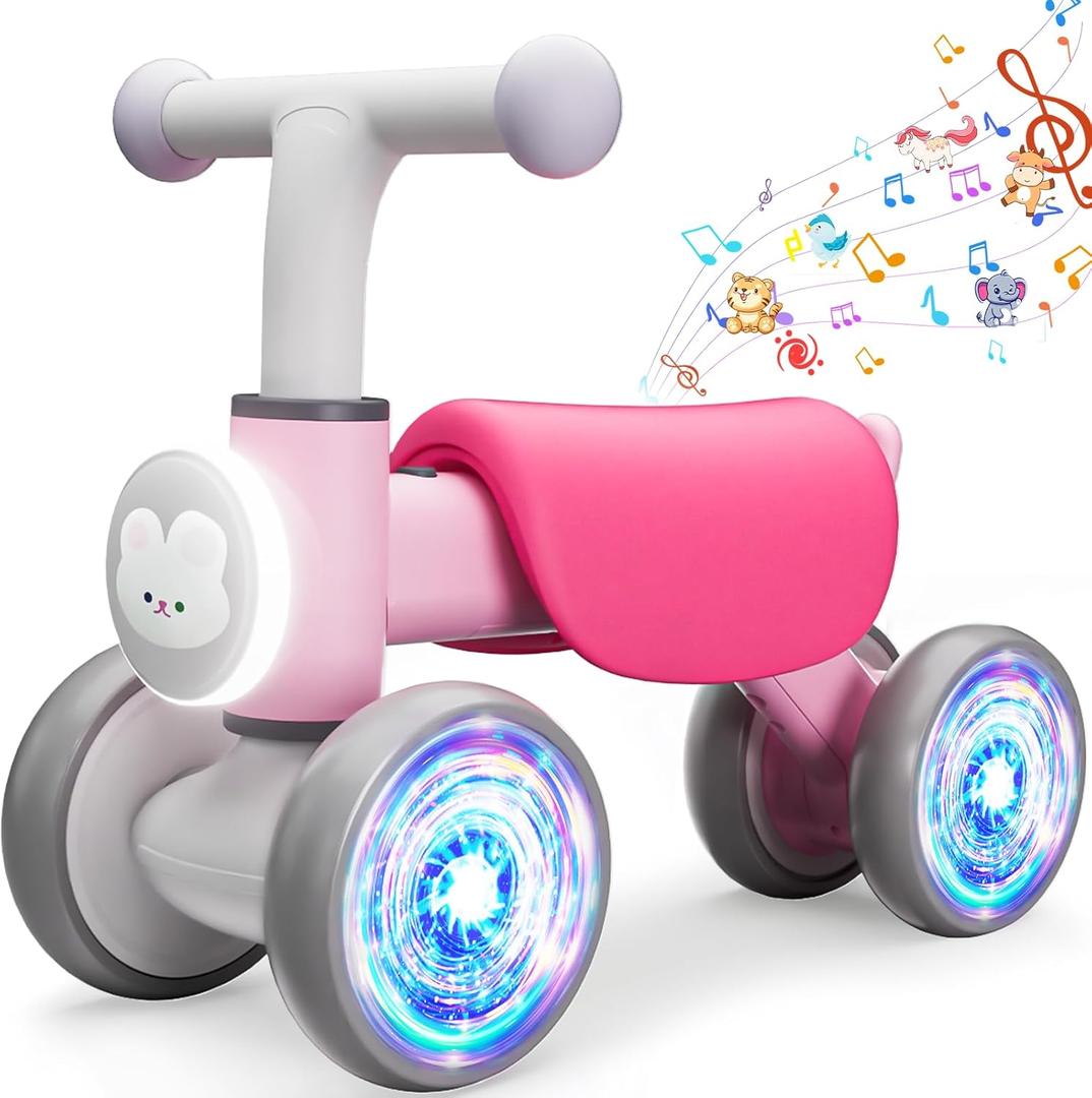 Colorful Lighting Baby Balance Bike for 1 Year Old Girls, Toddler Toys for 1 Year Old Girls Gifts, First Bike with Music and Soft Seat, 12-24 Month Toddler Balance Bike, First Birthday Gifts (Pink)