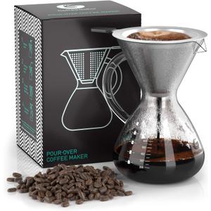 Coffee Gator Pour Over Coffee Maker - 27oz High Heat Borosilicate Glass with Reusable Stainless Steel Filter, Drip Coffee Brewer Dripper Set Carafe, 800ml Clear