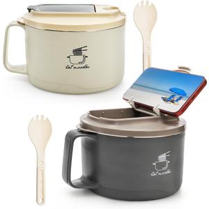 Yesland 2 Pack Large Ramen Bowl, 37 oz Microwavable Ramen Noodle Pasta Cooker, Soup Cups with Lid and Handle for College Dorm Room