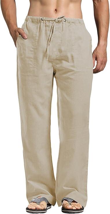 Mens Casual Cotton Linen Pants Elastic Waist Drawstring Straight Summer Beach Pants XL