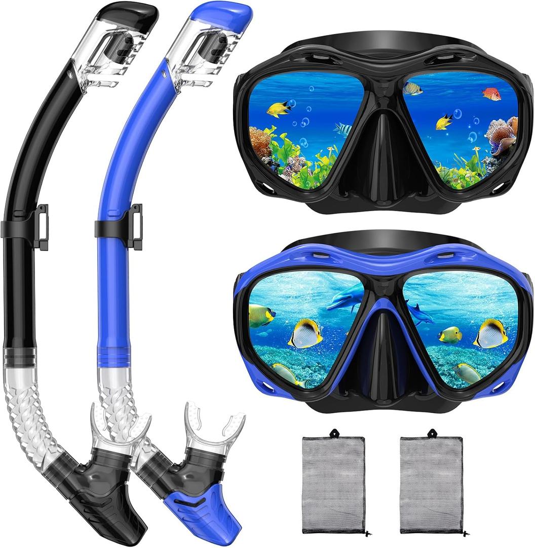 Snorkeling Gear for Adults, Dry Top Snorkel Mask Set, Diving Scuba Mask, Swimming Goggles with Nose Cover, HD Tempered Glass Panoramic Swim Freediving Anti-Leak Anti-Fog Travel Packages (Black+Blue)