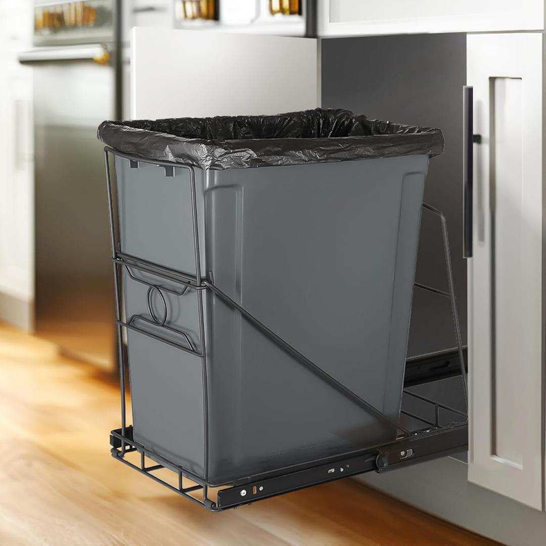 Stainless Steel Kitchen Adjustable Trash Can Holder, Heavy Duty Cabinet Pull Out Kit, Fit 7-11 Gallon Trash Can, Black(Trash Can Not Included)