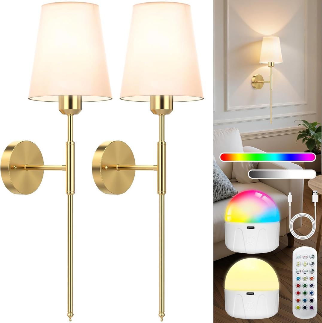 25.6 inch Battery Operated Wall Sconces Set of 2, Wireless Wall Lights with Rechargeable Bulbs & Remote, 15 Colors & Dimmable, Battery Powered Wall Lights for Bedroom, Living Room, Hallway (Glod)