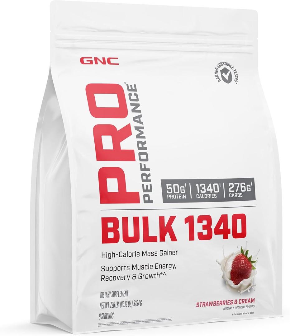 GNC Pro Performance Bulk 1340 Mass Gainer Protein Powder, 50g, Gluten Free, Whey, Creatine, BCAA, 3rd Party Tested, Muscle Recovery & Growth, Micronutrients, Strawberries and Cream, 9 Servings, EXP 05/2026