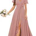 V Neck Bridesmaid Dresses Long Chiffon Short Sleeve Formal Dress with Slit (4, Dusty Rose)