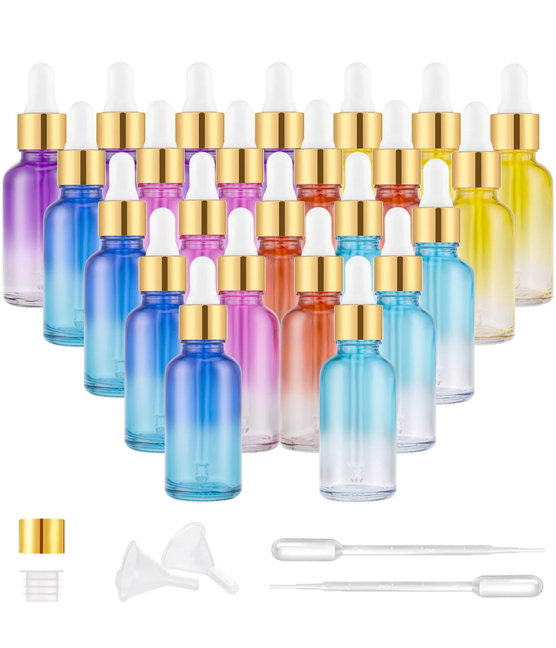 Bumobum 2 oz Dropper Bottle, Glass Eye Dropper Bottles with Golden Top Cap for Essential Oils, 24 Pack Tincture Bottle with Labels and Funnel