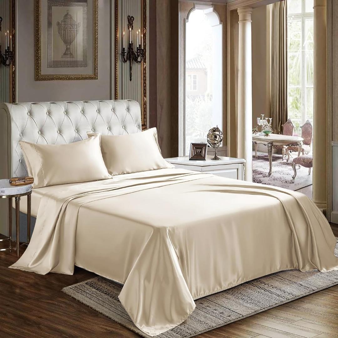 CozyLux Satin Sheets King Size Sheet Set - 4 Piece Silky King Sheets, Luxury Champagne King Bed Set with Smooth and Soft Microfiber, Includes 1 Fitted Sheet, 1 Flat Sheet and 2 Pillowcases