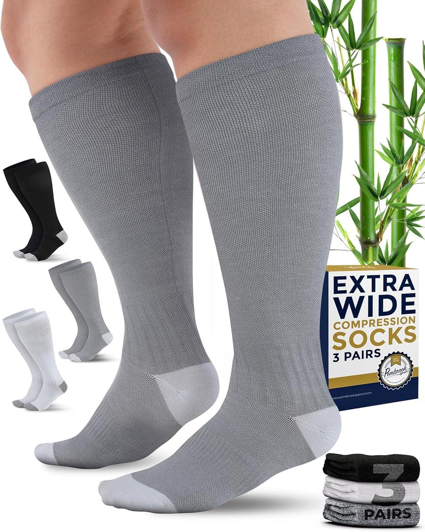 Pembrook 3 Pairs Plus Size Compression Socks Wide Calf - 15-20 mmHg Bamboo Viscose Knee High Socks, Compression Men xxl, Black, White, Gray