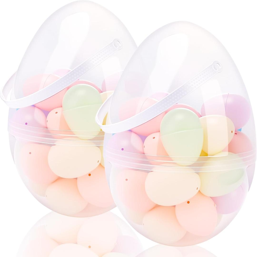 2 Pcs 10 Inch Jumbo Plastic Easter Eggs Giant Easter Eggs with Handles and 60 Colorful Easter Egg for Easter Hunt Supplies Basket Stuffers Party Favors