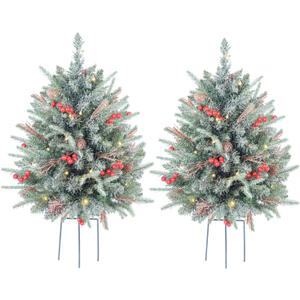 30 Inch Outdoor Prelit Christmas Tree 2 Pack, Battery Operated Flocked Snow Xmas Tree 100 LED Lights, for Entrances Tabletop Ornaments for Porch Driveway Yard Garden