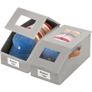 2 Pcs Extra Large Hat Organizer & Storage Box for Baseball Cap with Dual Clear Windows Dust-Proof Double Zipper, Stackable Design & Sturdy Handles for Closet, Grey