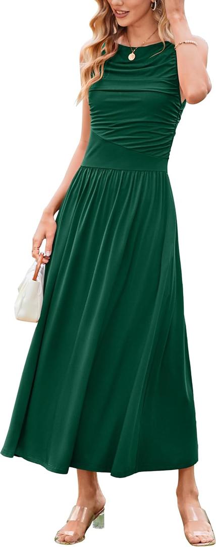 Newshows Women 2025 Summer Maxi Dresses Vacation Ruched Boat Neck Tank Flowy Elegant Party Long Formal Dress Pockets (Green, S)