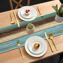 Farmhouse Linen Table Runner, Blue Brown Teal Green, Grateful Thanksgiving Table Runners 90 inches Long - Heat Resistant Waterproof Wood Rustic Retro Runner for Kitchen Dining Living Room Coffee Table