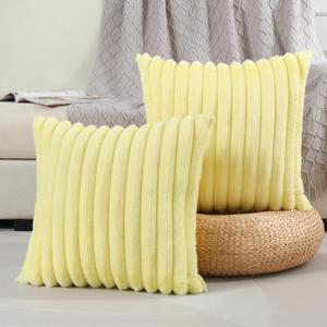 FUTEI Yellow Striped Decorative Throw Pillow Covers 14x14 Inch Set of 2,Square Spring Decorations Couch Pillow Case,Soft Cozy Faux Rabbit Fur & Velvet Back,Modern Home Decor for Bed