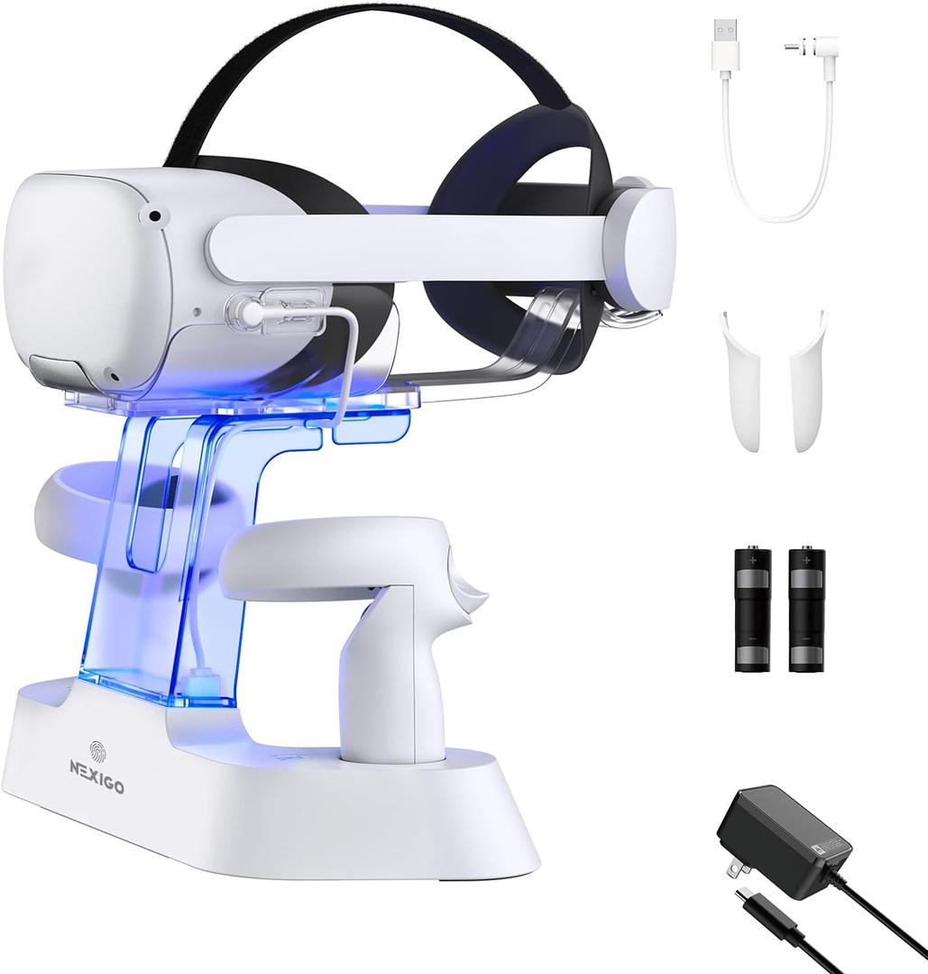 NexiGo Enhanced Charging Dock with LED Light [On/Off] for Oculus Quest 2, [Support Elite Strap with Battery], Headset Display Holder and Controller Mount, 2 Rechargeable Batteries, USB-C Charger