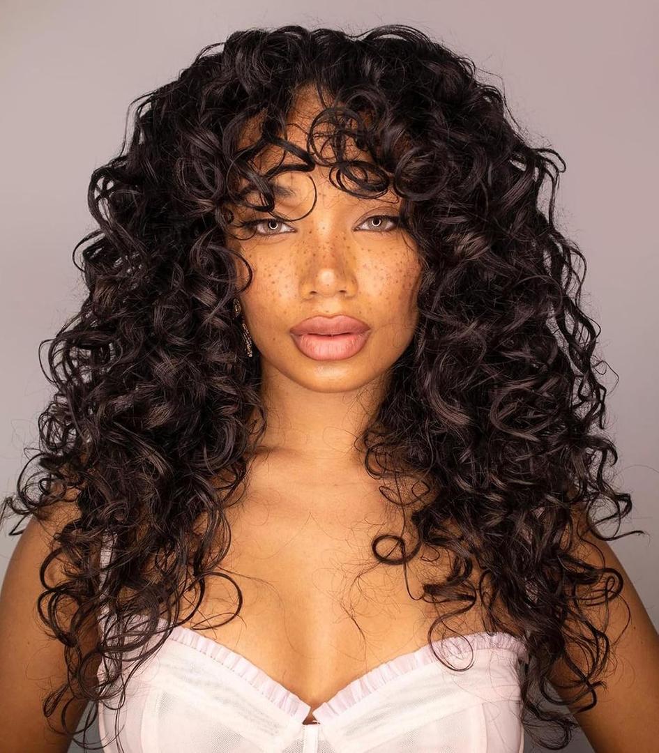GKtineke-Curly-Wig Big-Curly-Wigs-for-White-Black-Women 20 Inch- Long-Curly-Wig-with-Bangs Synthetic-Hair-Replacement-Wigs-for- Cosplay and Daily (Brown)