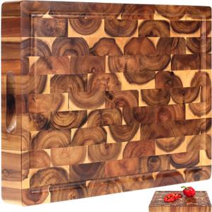 XL Acacia End Grain Wood Cutting Board (20x15x1.5in) Acacia Wooden Cutting Board, Butcher Block, Chopping Board - Reversible Multipurpose For Kitchen with Juice Groove, Cracker Holder & Inner Handles.