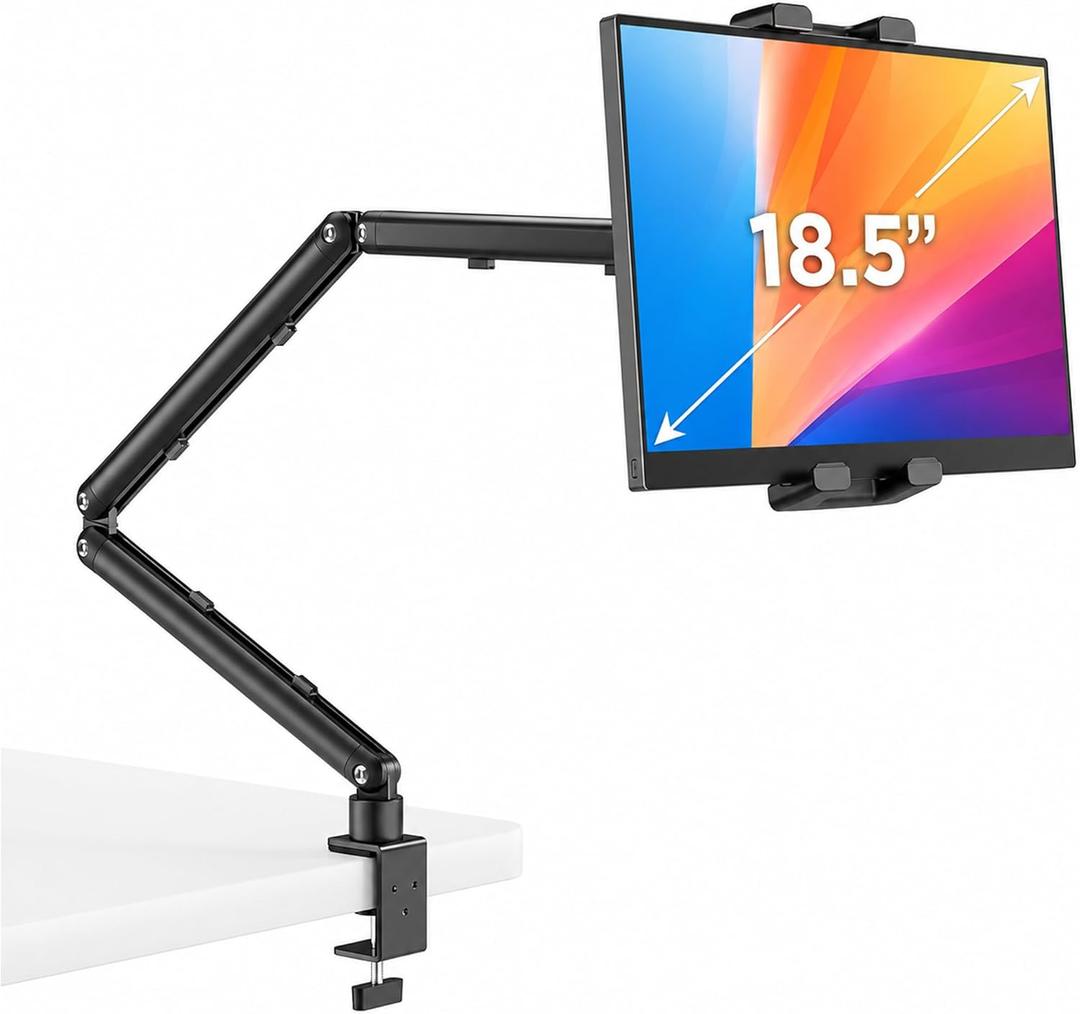Portable Monitor Stand 15.6", Heavy Duty Tablet Arm Mount with Desk Clamp | Sag-Free Adjustable iPad Holder for Bed, 360 Foldable Arm Fits 4.7" to 18.5" iPad Pro/Air/Mini, Thick Case Friendly, Black