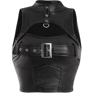 Women's Faux Leather Tank Top High Neck Cut Out Buckle Front Slim Fit Y2k Crop Tops (Large, Black)