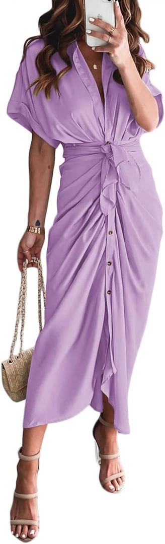 Women Elegant Satin Button Down Short Sleeve Maxi Shirt Dress with Belt (Small, 01-purple) Women Elegant Satin Button Down Short Sleeve Maxi Shirt Dress with Belt (Small, 01-purple)