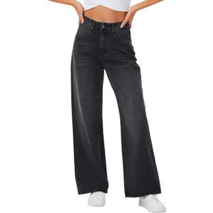 Genleck Baggy Jeans for Woman High Waisted Loose Wide Leg Jean Womens Boyfriend Y2K Pants Trendy (Black Gray, Size 14)