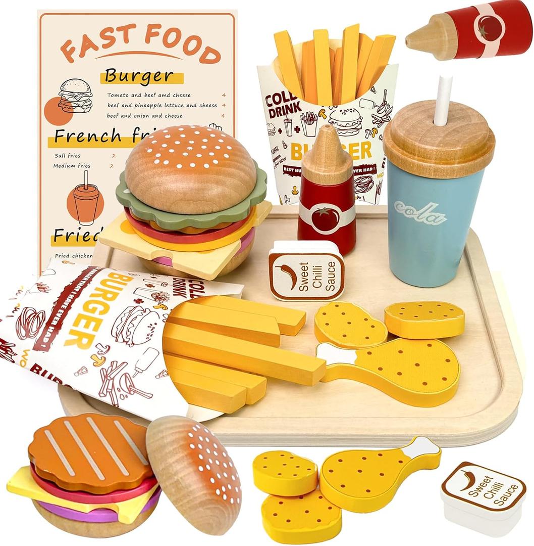 Wooden Play Food Set for Kids, Pretend Fast Food Playset, Wooden Hamburger French Fries Toy, Play Kitchen Accessories for Toddlers, Educational Toys Gift for Boys Girls