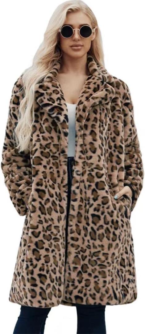 Long leopard suit collar faux fur coat women's casual coat autumn and winter new. (Medium)