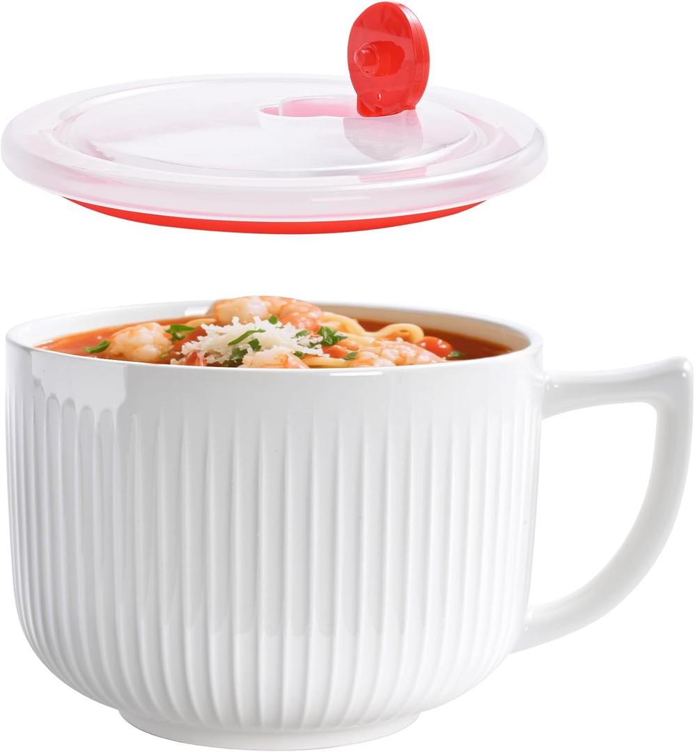 Ceramic Soup Bowl with Handle, Extra Large 38oz Ramen Bowl with Lid, Jumbo Soup Mug/Cup for Oatmeal, Cereals, Pasta, Noodle, Soup Container Meal-prep, Microwave & Dishwasher safe, 5.5 inch-White