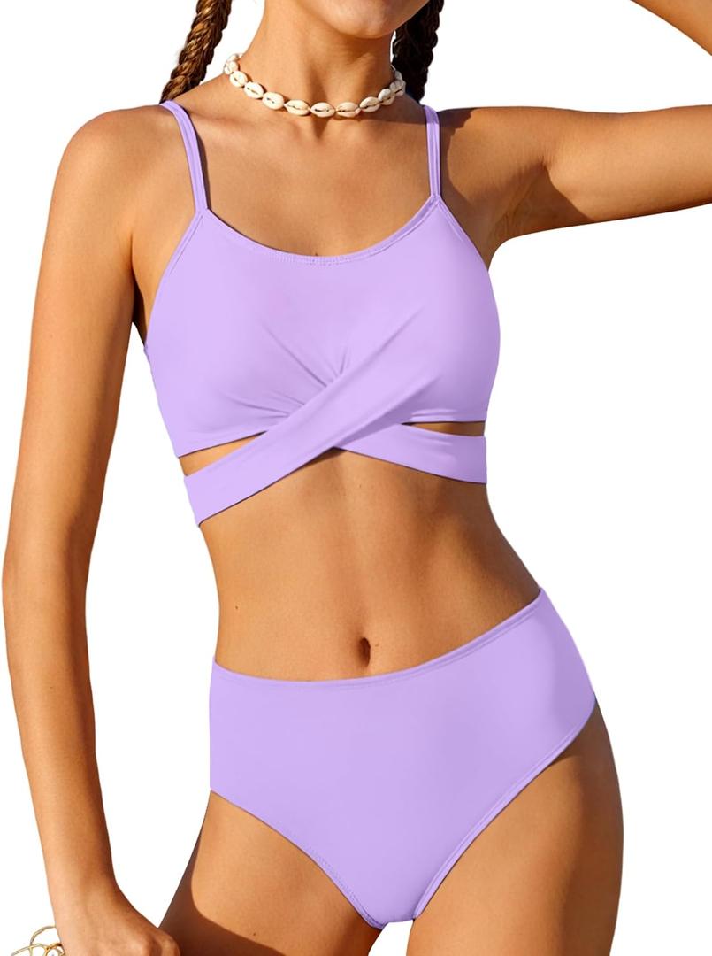 Girls Swimsuit Bathing Suits Criss Cross Bikini Set Two Piece Girls' Swimwear Solid Color Bathing Suit 7-16T (9-10 Years, Purple)
