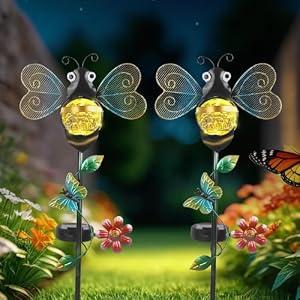 Solar Bee Garden Stakes Lights Outdoor Waterproof 2 Pack Metal Garden Stakes Decorative Bee Decor for Outside Yard Lawn Patio Decorations Whimsical Solar Lights Outdoor Gardening Gifts for Women