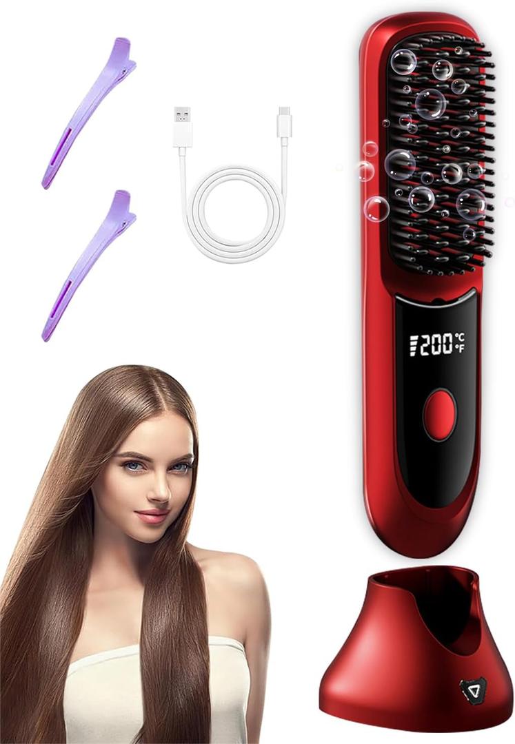 Go Brush Pro Hair Straightener  Cordless Comb with Negative Ion, 6000mAh Fast Heating & Portable Travel Design, Rechargeable Brush for Straightening and Curling (Red-1Pcs)