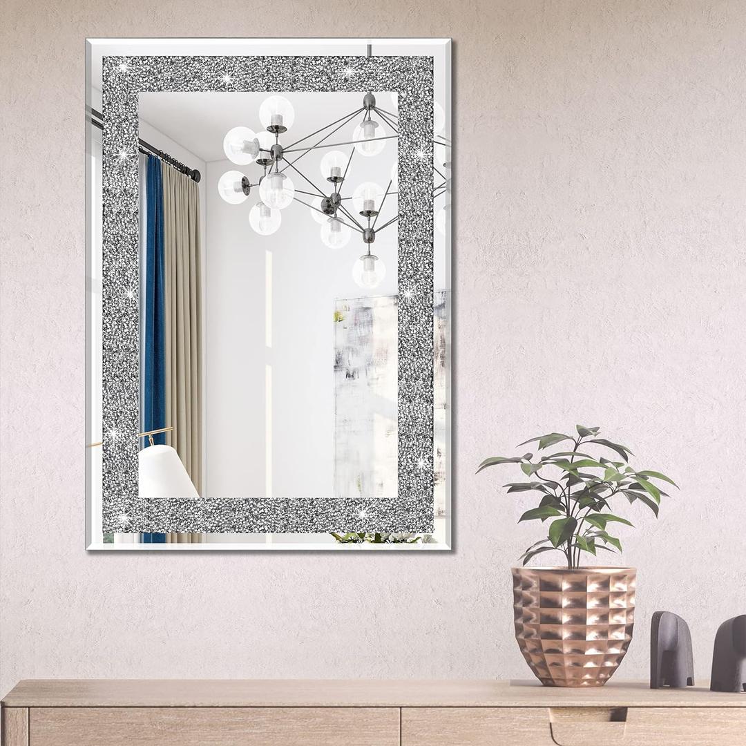 Ruomeng Wall Mirror Rectangular Crystal Crush Diamond Mirror for Home Decoration Accent Mirror for Bathroom, Entryway and Bedroom, 20" x 28" (28"L x 20"W)