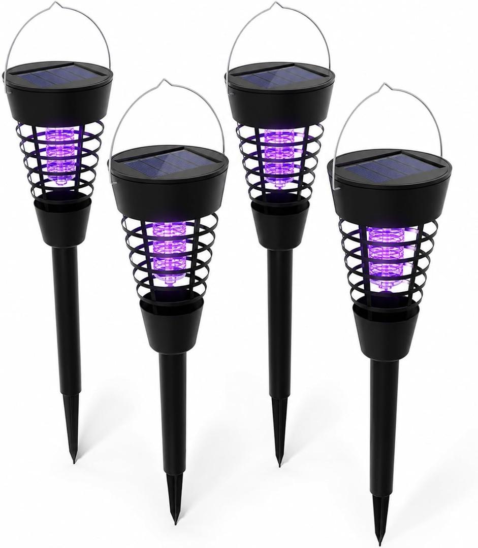 4 Pack Solar Bug Zapper Outdoor Waterproof Solar Powered Mosquito Zapper Repellent Outdoor Patio,Cordless & Auto On/Off Trap Light with Hook for Small Fly Zappers for Garden Backyard Gnat for Outside