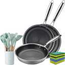 Vivicreate Tri-Ply Stainless Steel Frying Pan Set, 19 Piece Nonstick Skillet Cookware Set with 3 Fry Pans 9.5 10.25 11 Inch, Induction Compatible, Kitchen Utensils Included