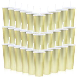 30 Pack Gold Plastic Cups with Lids and Straws, 24 oz Disposable Plastic Tumblers Iced Coffee Cups Travel Mug Cup for Juices Birthday Bachelorette Party Wedding (Gold,24 oz)