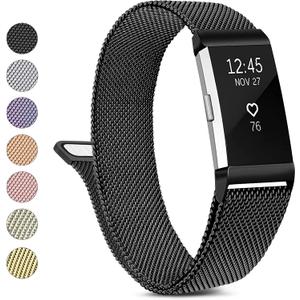Metal Band Compatible with Fitbit Charge 2 Bands Women Men, Stainless Steel Mesh Loop Adjustable Wristband Replacement Strap for Fitbit Charge 2 (Large, Black)