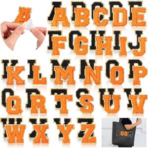 WILLBOND 52 Pcs Chenille Letter Patches A-Z, Self Adhesive Alphabet Patches 2.2/2.8 Inch for Clothes, Bags, Hats DIY, Name Craft & Personalized Valentines Wedding Gifts(Black, Orange,2.2 Inch)