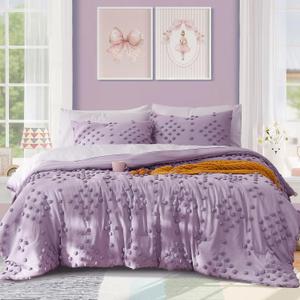 Geniospin Purple Queen Comforter Set for Girls- 7 Pieces Pom Tufted Bed in A Bag Queen Bedding Sets with Sheets, Pillowcases & Shams, All Season Kids Comforter Set