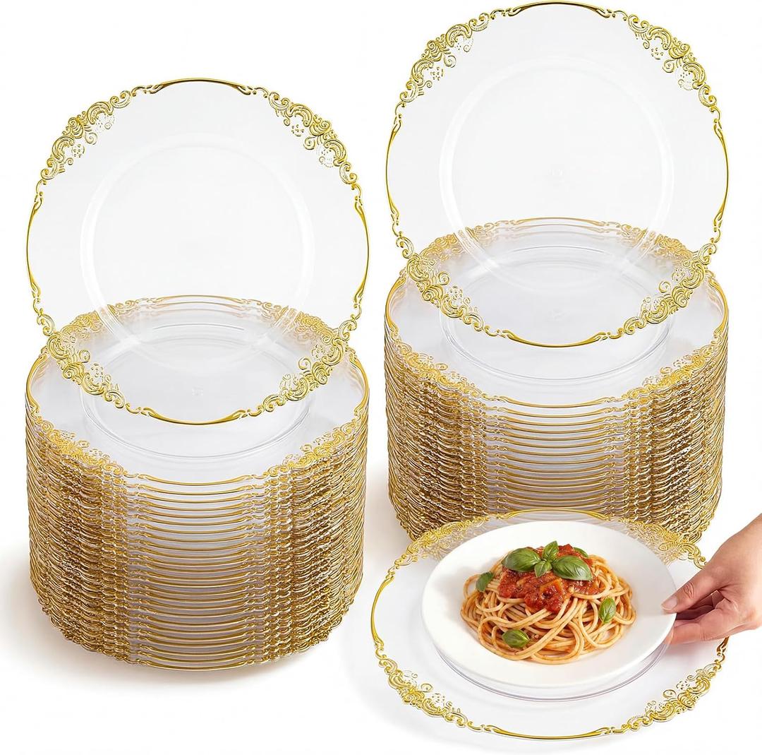 Havawish 50 Pcs Clear Gold 13 Inch Baroque Charger Plates Bulk Sturdy Acrylic Dinner Plates with Elegant Embossed Edge for Wedding, Banquet, Party Decor and Table Setting
