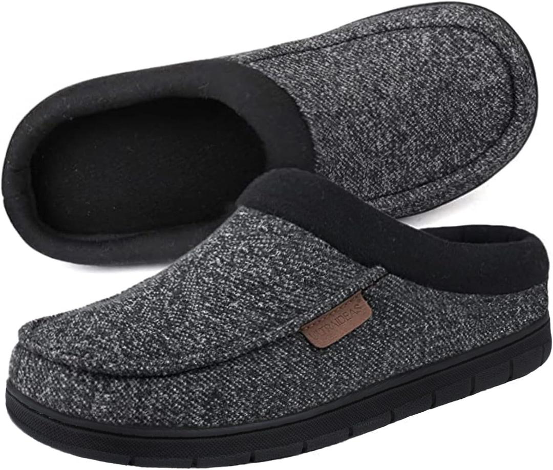 ULTRAIDEAS Men's House Slippers, Indoor Outdoor House Shoes with Non-slip Rubber Sole, Summer Breathable Cotton Blend & Winter Warm Fuzzy Moccasin Slippers, Machine Washable Memory Foam, Gift for Father 11-12