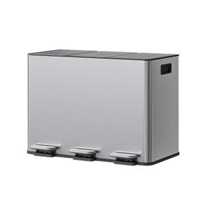 GarveeHome 3-in-1 Stainless Steel Recycling Trash Can, 3 x 4 Gallon (12 Gal Total) Triple Compartment Kitchen Garbage Bin with Soft-Close Step Lid, Hands-Free Waste Sorting for Home, Silver