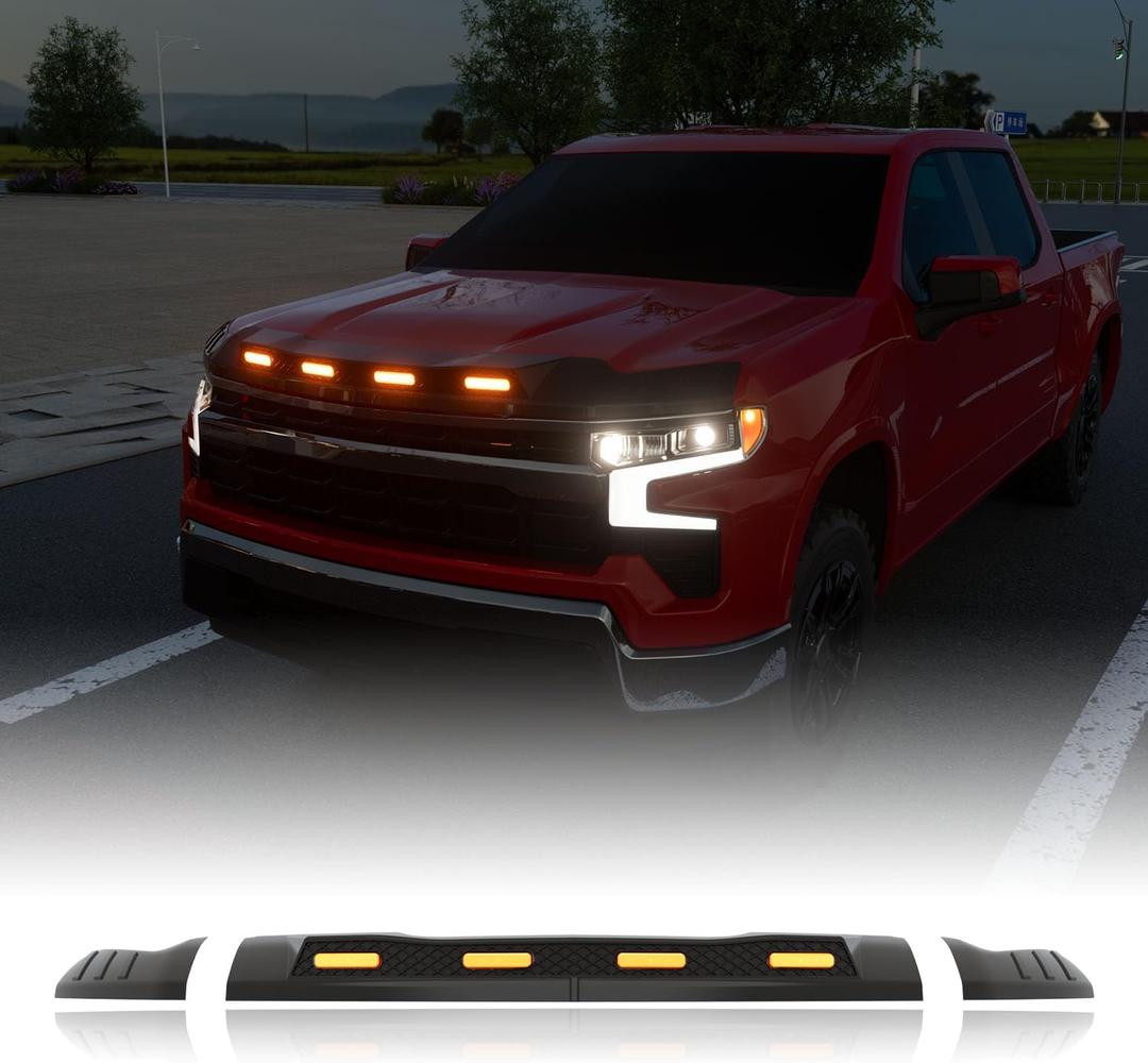3Pcs Hood Protector with LED Light Compatible with 2022-2026 Chevy Silverado 1500 LT Lightshield Glossy Black Hood Deflector Replacement for 2022-2026 Chevy Silverado Accessories