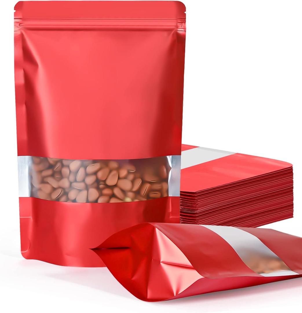 FireKylin 100 Pack Smell Proof Bags 4.7" x 7.9", Resealable Bags with Matte Window, Foil Pouch Stand Up Sealable Bags for Packaging Red