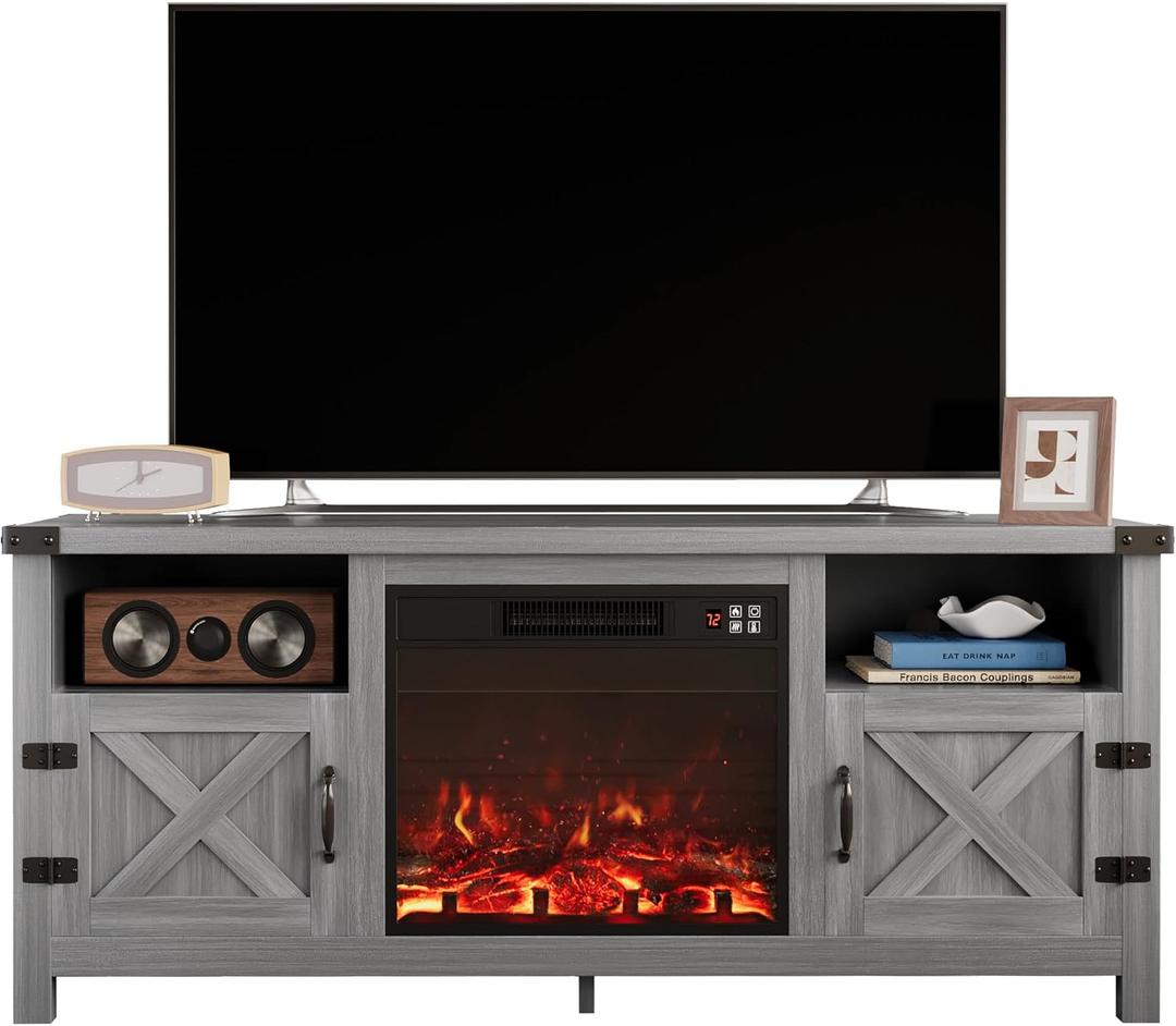 Furmax Entertainment Center with Fireplace, Fireplace TV Stand with Storage Cabinets and 2 Open Shelves, Modern Media TV Console for Living Room (Light Grey)
