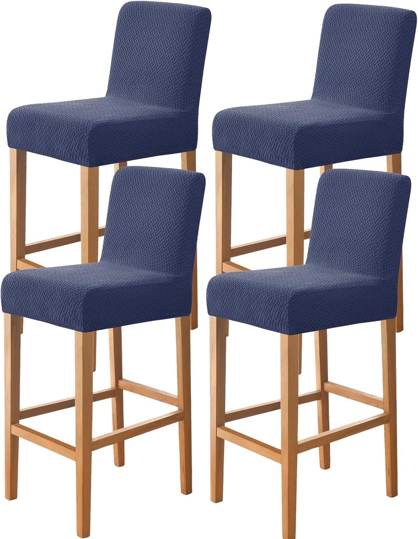 FUANGUI Bar Stool Covers Set of 4, Stretch Removable Bar Stool Seat Covers with Backs Slipcovers, Bar Chair Covers Square for Kitchen Dining Room Cafe (T-jacquard-navy)