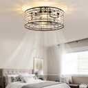 Black Modern Flower Crystal Fandelier with Light and Remote, Rustic Caged Ceiling Fan Flush Mount, Low Profile Ceiling Fans with Lights, 6-Speed Reversible for Bedroom, Girls Room, Living Dining Room