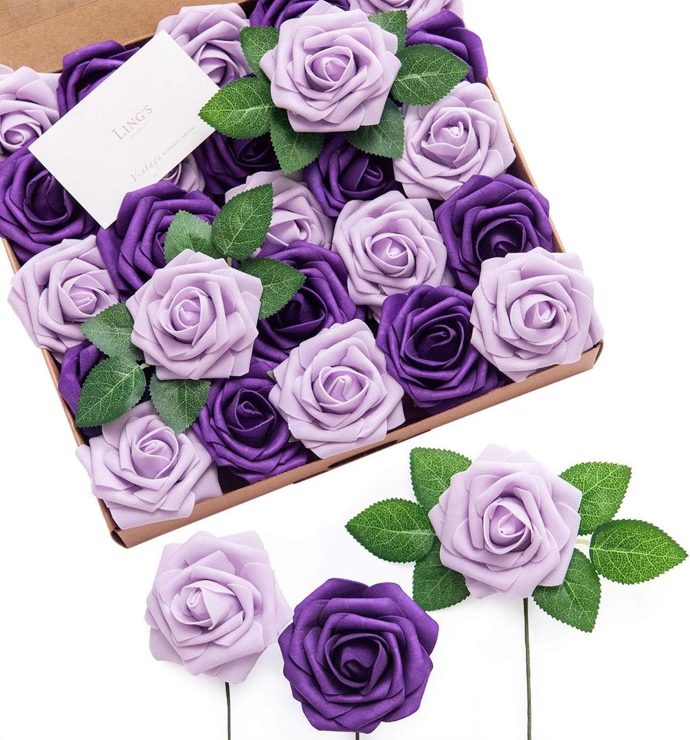 Ling's moment Artificial Flowers 25Pcs Purple Roses Decor w/Stems,3" Real Touch DIY Foam Floral for Wedding Bouquet/Centerpieces, Outdoors Party Backdrop, Room/Table, and Garden/Pot Decorations (Pr- Purple & Lilac)